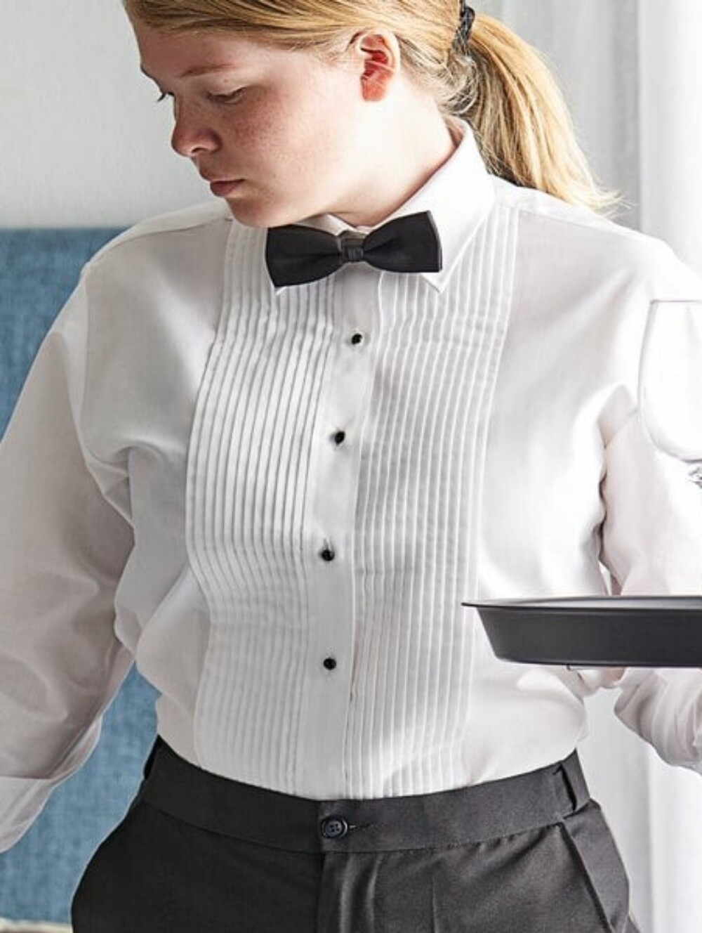 Ina White Pleated Bib Dress Shirt with Black Bow Tie and Buttons